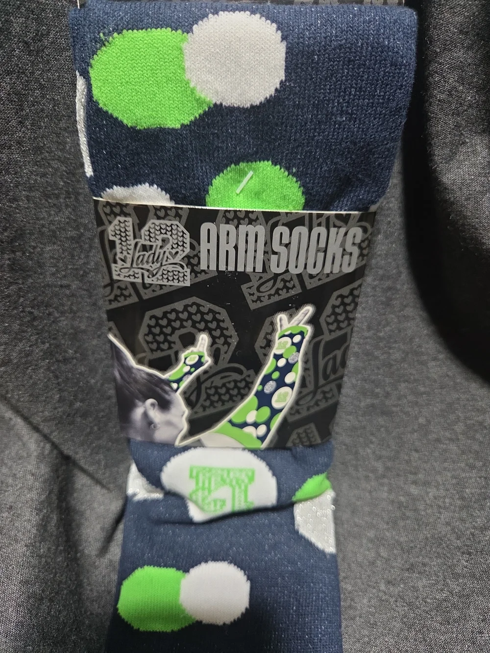 SEAHAWKS Arm Socks - Navy with Green & White Dots